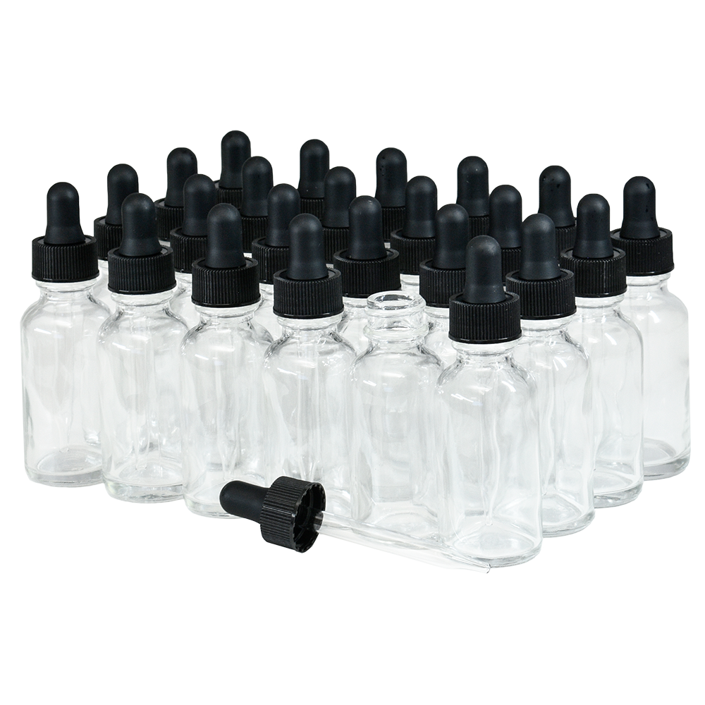 1 oz. Clear Boston Round with Black Glass Dropper (20/400) (V20) (V8)