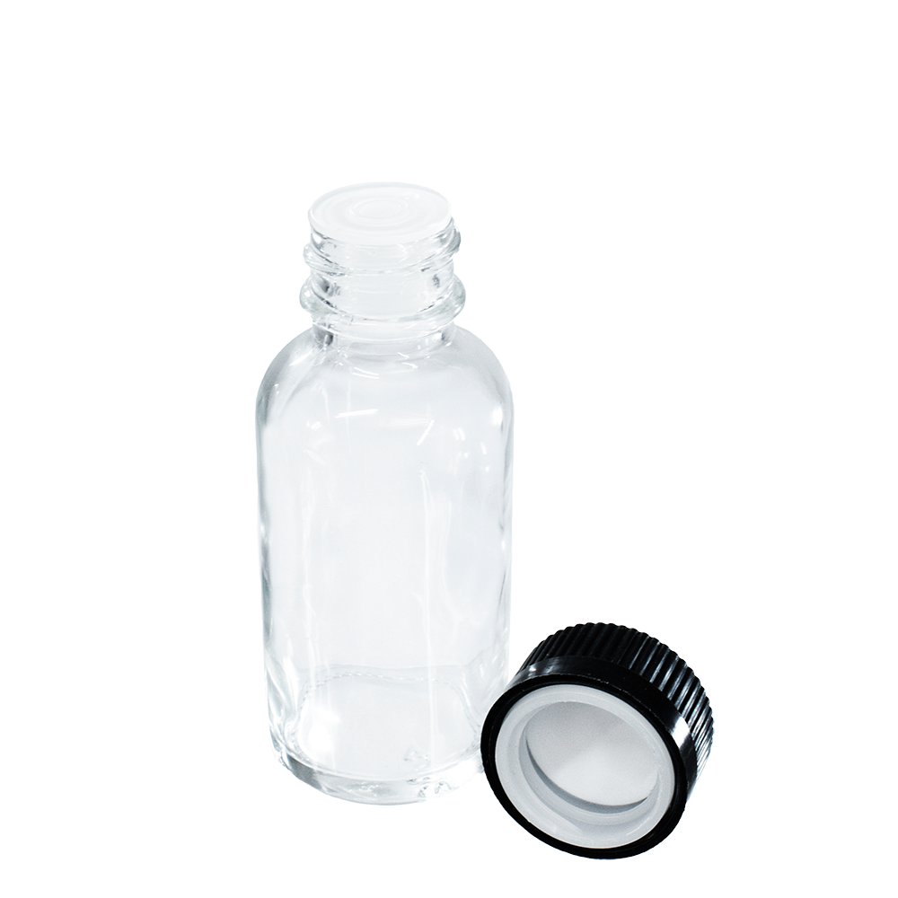 1 oz. Clear Boston Round with Reducer and Black Child-Resistant Cap (20/400) (V8) (V6)