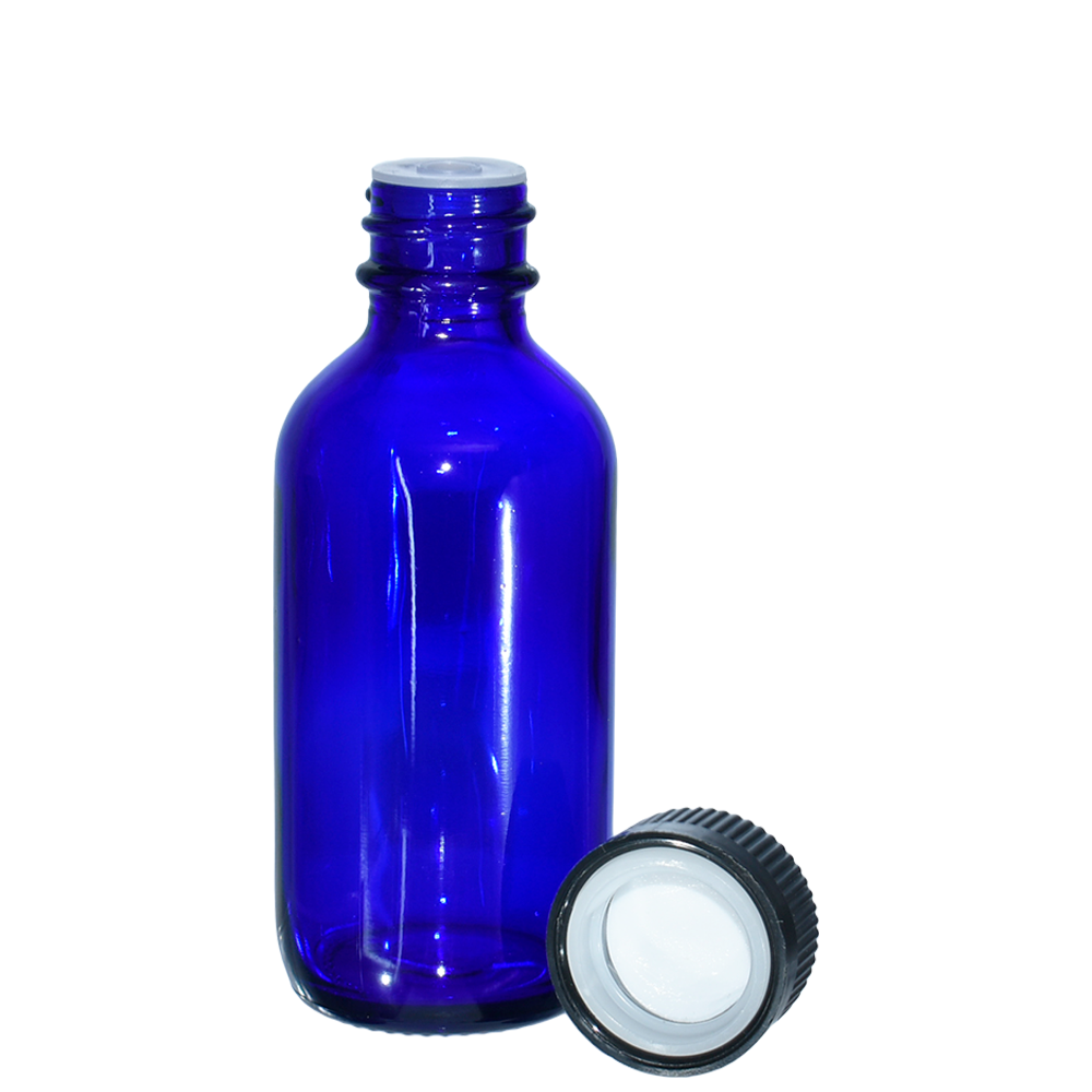 2 oz. Cobalt Blue Boston Round with Reducer and Black Child-Resistant Cap (20/400) (V23) (V6)
