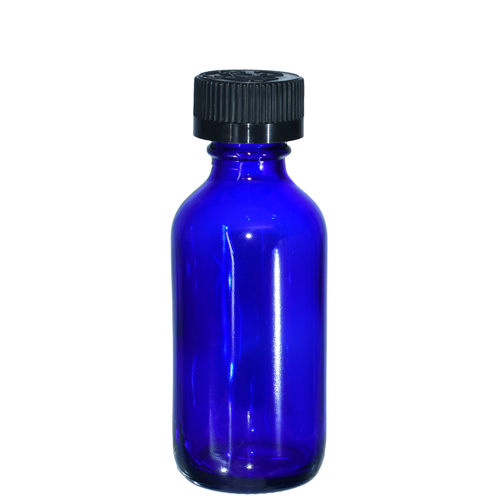 2 oz. Cobalt Blue Boston Round with Reducer and Black Child-Resistant Cap (20/400) (V23) (V6)