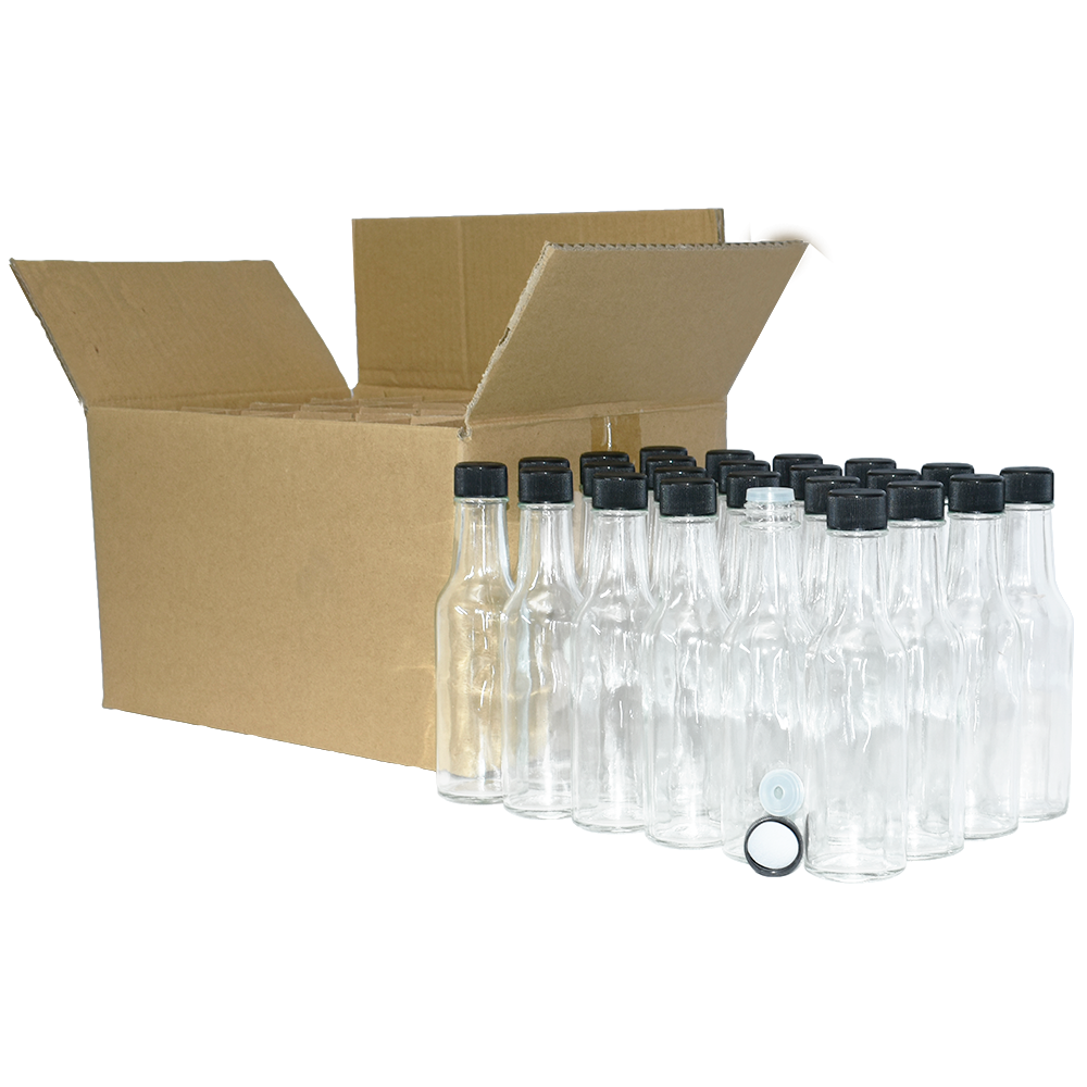 5 oz. Clear Glass Hot Sauce Bottle with Black Foam-Lined Cap and Orifice Reducer (24/414) (V24) (V24)