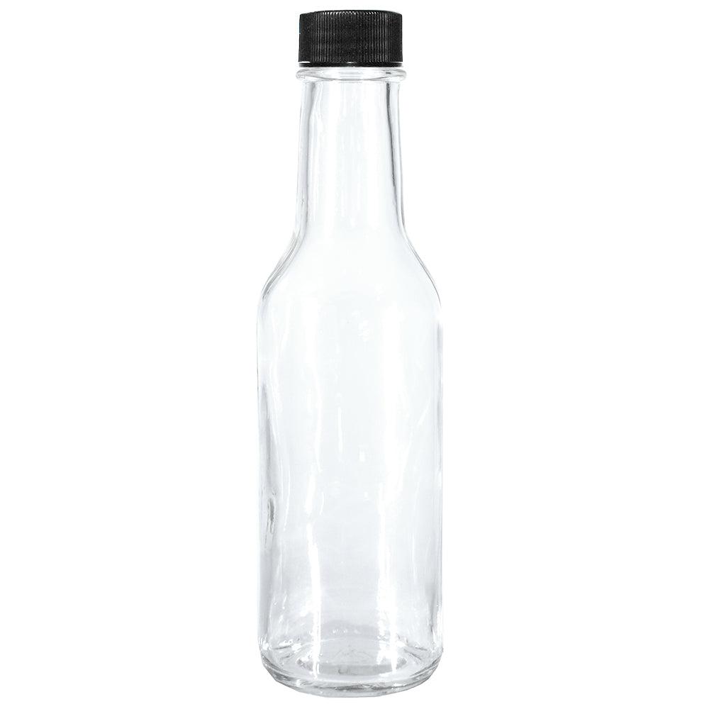 5 oz. Clear Glass Hot Sauce Bottle with Black Unlined Cap and Orifice Reducer (24/414) (V24) (V1)