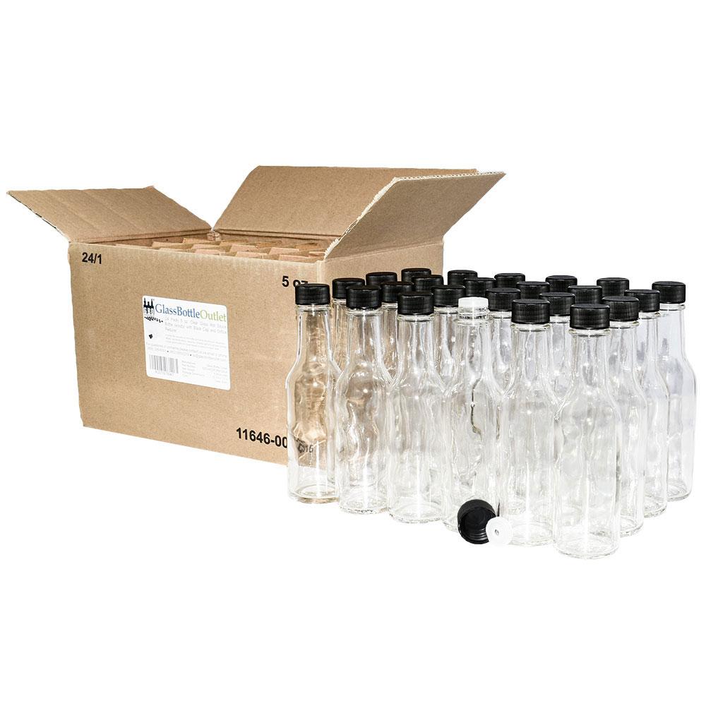 5 oz. Clear Glass Hot Sauce Bottle with Black Unlined Cap and Orifice Reducer (24/414) (V24) (V1)