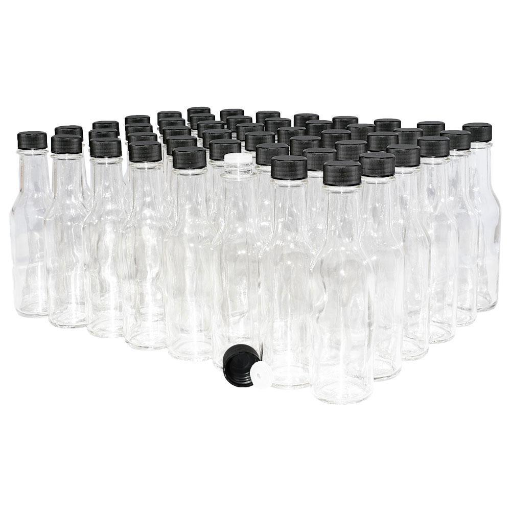 5 oz. Clear Glass Hot Sauce Bottle with Black Unlined Cap and Orifice Reducer (24/414) (V24) (V1)