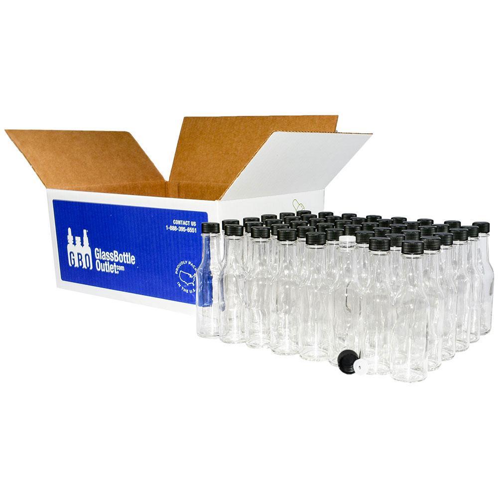 5 oz. Clear Glass Hot Sauce Bottle with Black Unlined Cap and Orifice Reducer (24/414) (V24) (V1)