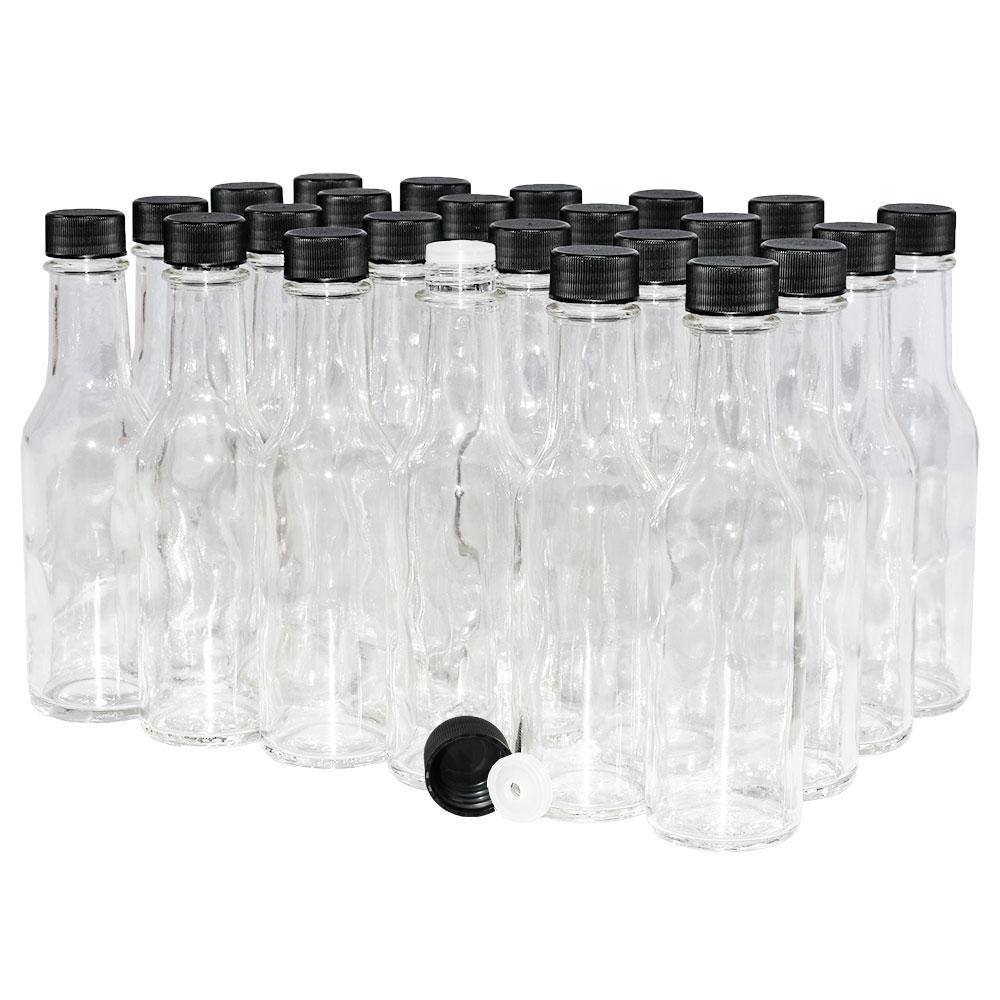 5 oz. Clear Glass Hot Sauce Bottle with Black Unlined Cap and Orifice Reducer (24/414) (V24) (V1)