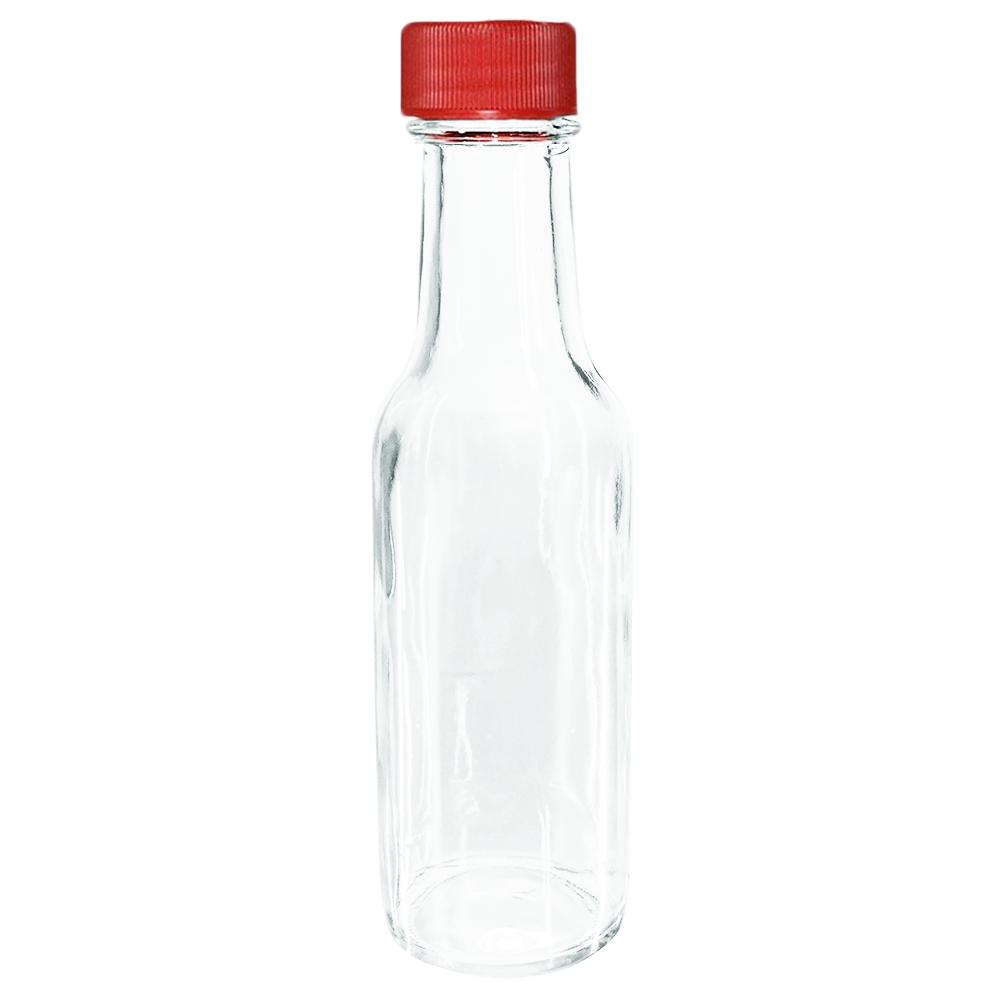 5 oz. Clear Glass Hot Sauce Bottle with Red Unlined Cap and Orifice Reducer (24/414) (V1)-24 (V1)