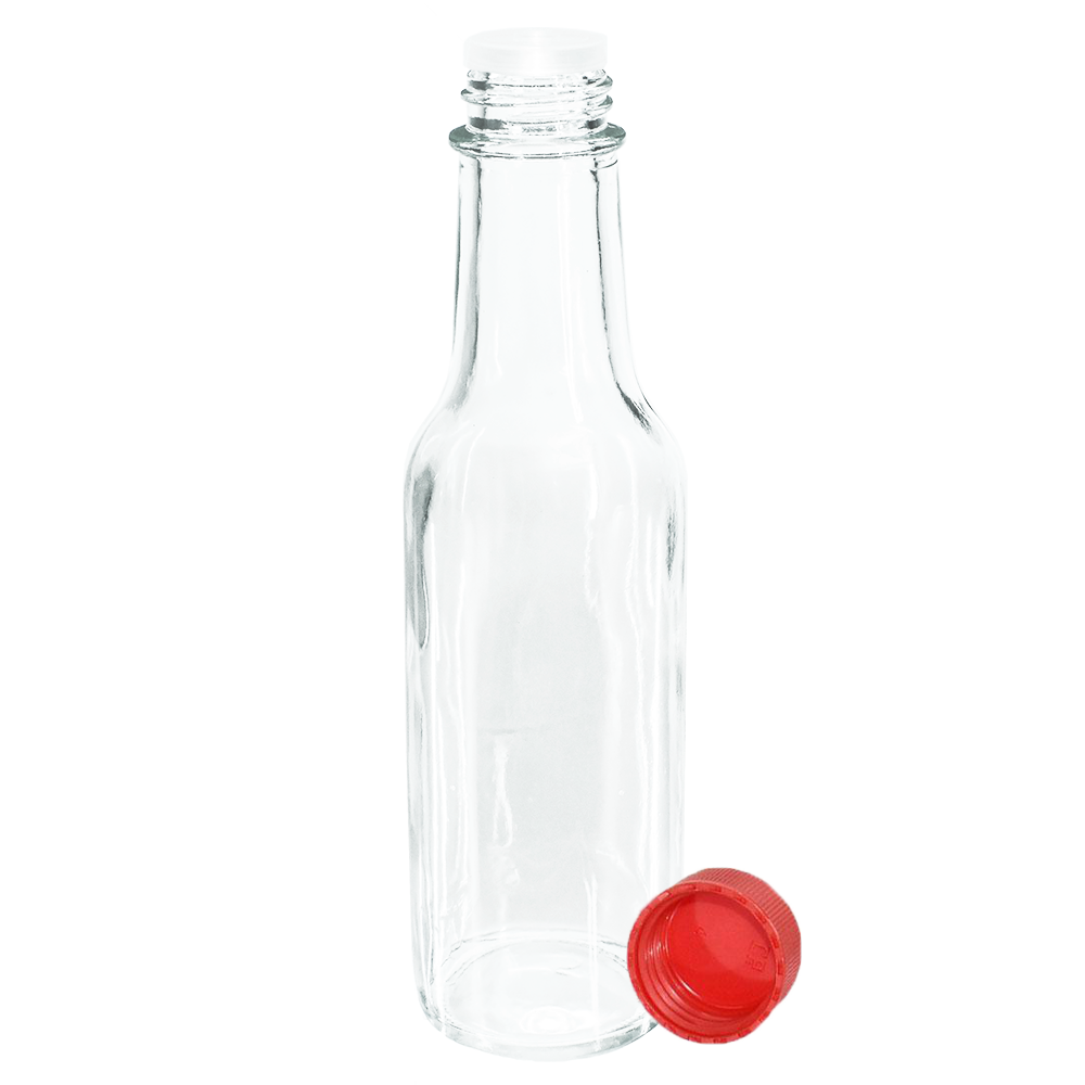 5 oz. Clear Glass Hot Sauce Bottle with Red Unlined Cap and Orifice Reducer (24/414) (V24) (V1)