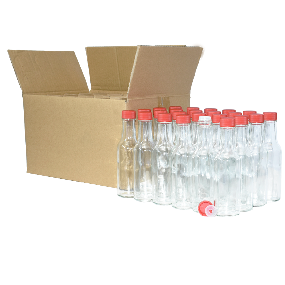 5 oz. Clear Glass Hot Sauce Bottle with Red Unlined Cap and Orifice Reducer (24/414) (V24) (V1)