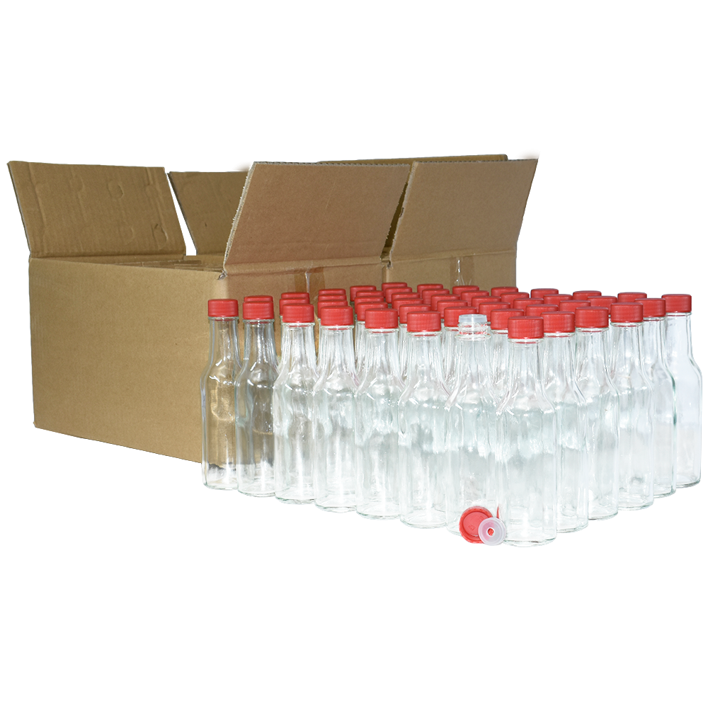 5 oz. Clear Glass Hot Sauce Bottle with Red Unlined Cap and Orifice Reducer (24/414) (V24) (V1)