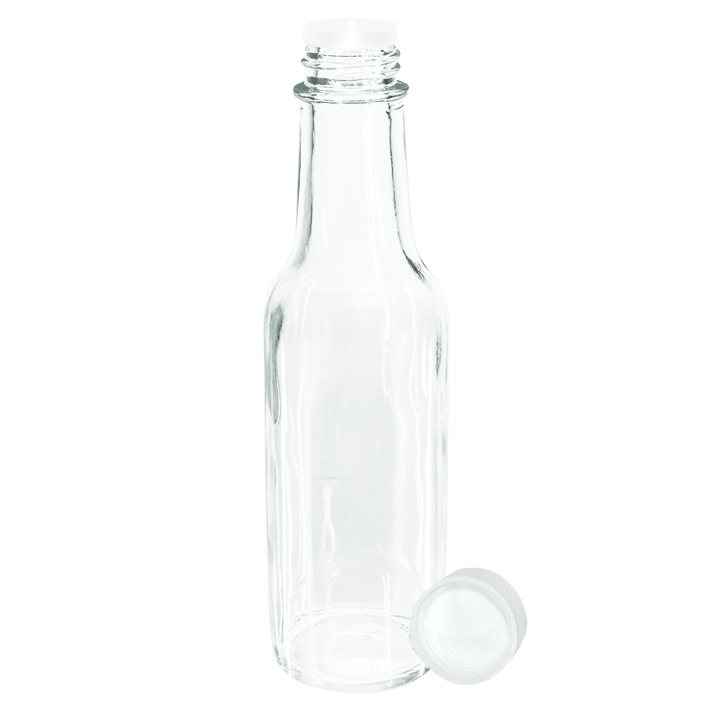 5 oz. Clear Glass Hot Sauce Bottle with White Unlined Cap and Orifice Reducer (24/414) (V24) (V1)