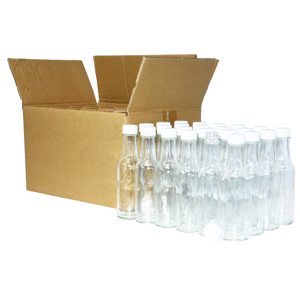 5 oz. Clear Glass Hot Sauce Bottle with White Unlined Cap and Orifice Reducer (24/414) (V24) (V1)