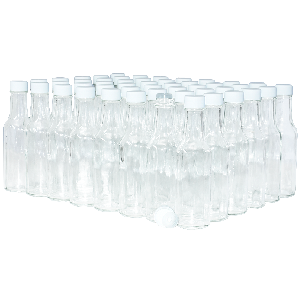 5 oz. Clear Glass Hot Sauce Bottle with White Unlined Cap and Orifice Reducer (24/414) (V24) (V1)