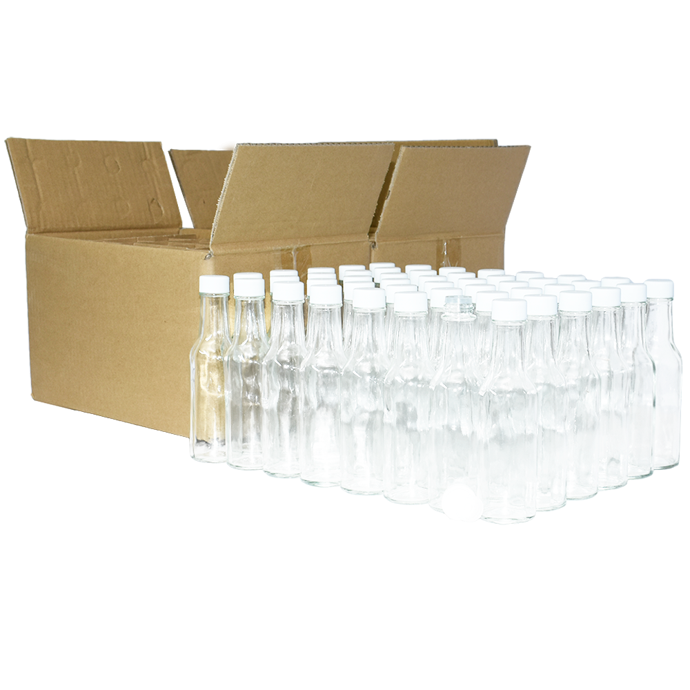 5 oz. Clear Glass Hot Sauce Bottle with White Unlined Cap and Orifice Reducer (24/414) (V24) (V1)