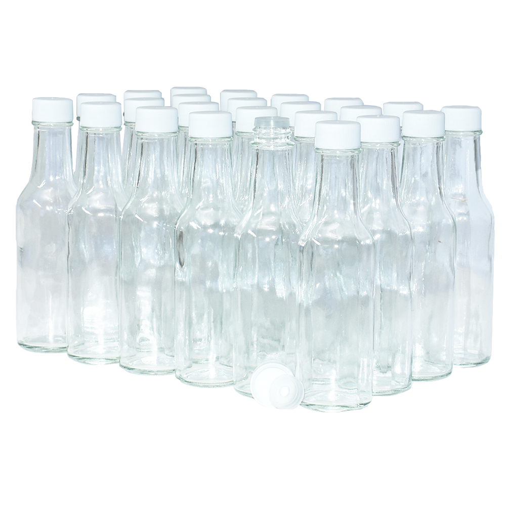 5 oz. Clear Glass Hot Sauce Bottle with White Unlined Cap and Orifice Reducer (24/414) (V24) (V1)