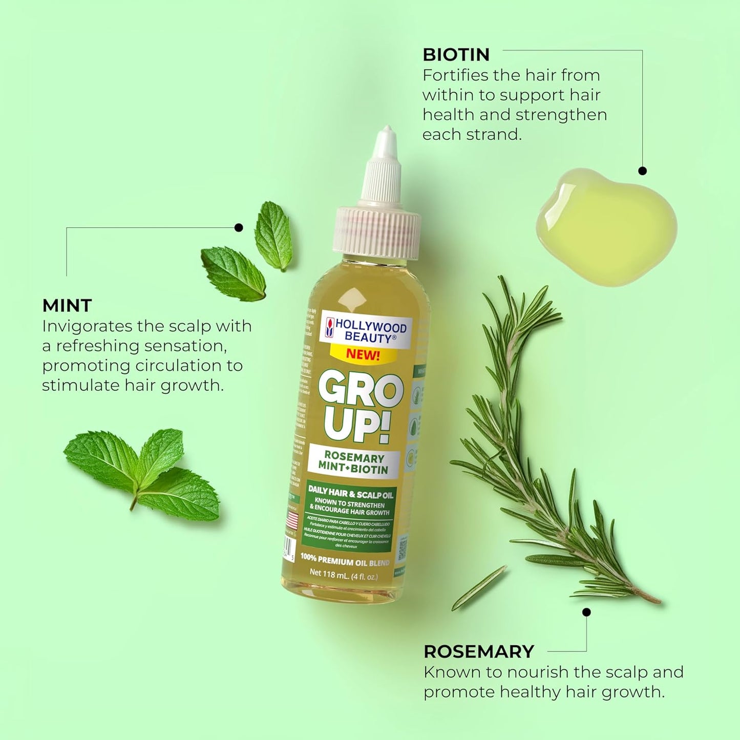 Hollywood beauty GRO UP ROSEMARY MINT & BIOTIN OIL. 4 oz