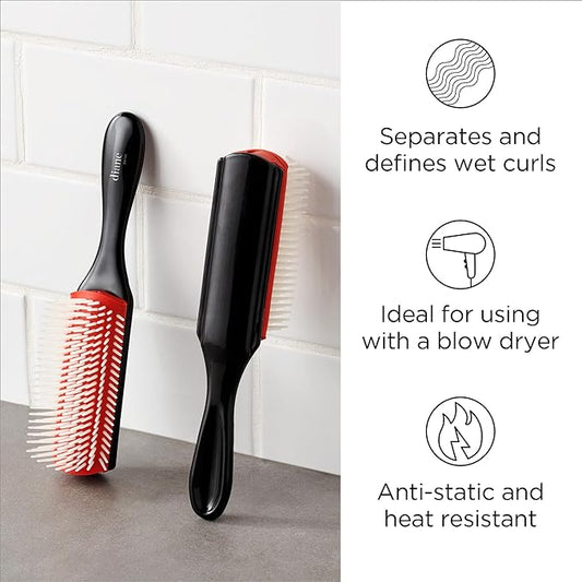 Diane Pro Nylon Pin 9 Row Styling Brush for Detangling, Separating, Shaping, and Defining Wet or Curly Hair, Heat-Resistant, Anti-Static, Black/Red. D9749