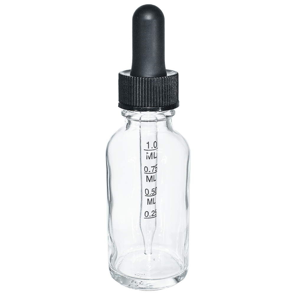 1 oz. Clear Boston Round with Large Bulb Graduated Black Glass Dropper (20/400) (V23) (V15)