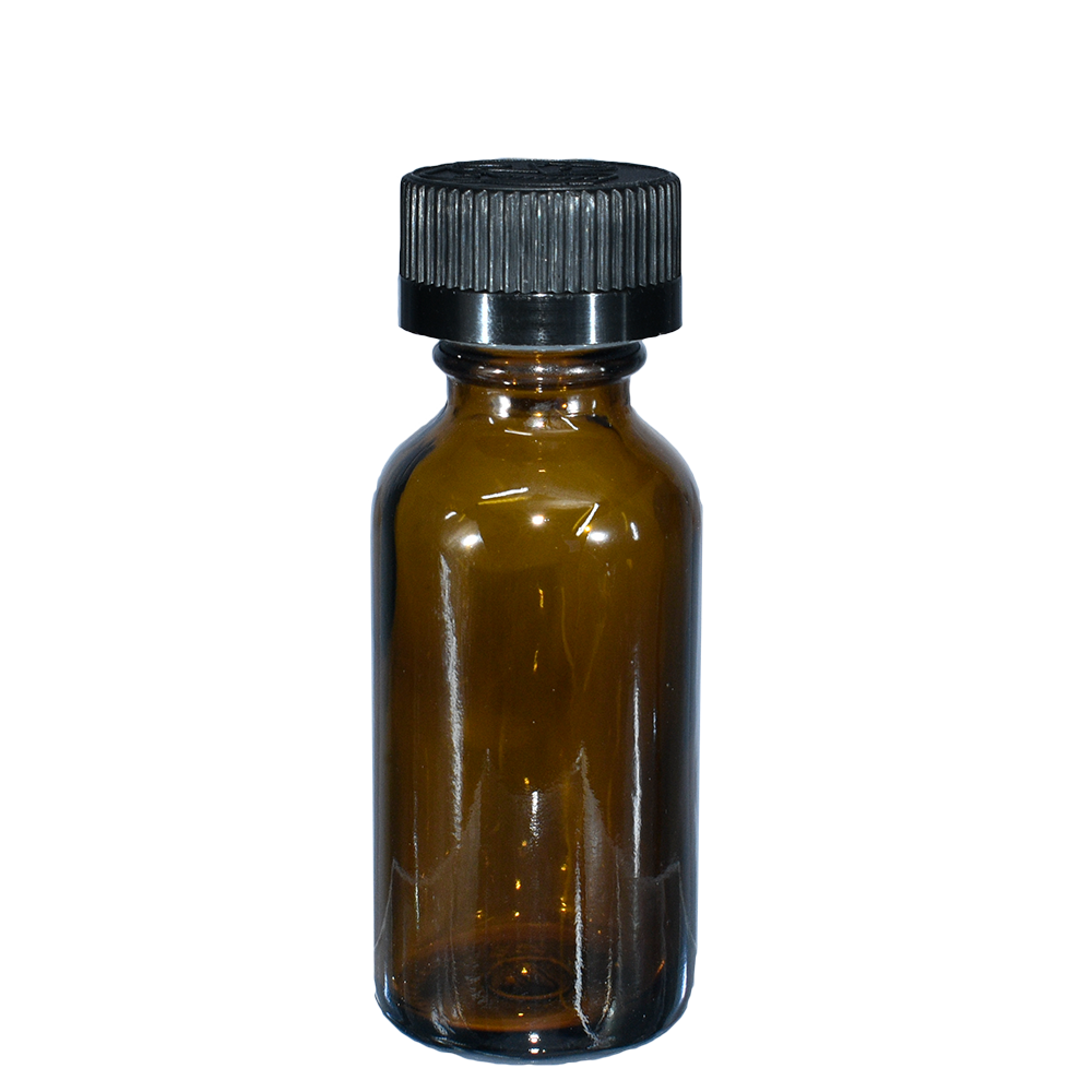 1 oz. Amber Boston Round with Reducer and Black Child-Resistant Cap (20/400) (V5) (V6)