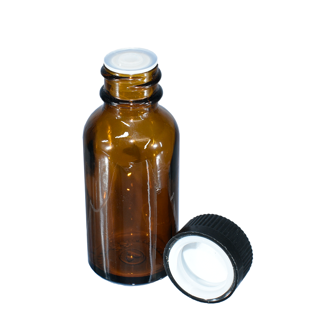 1 oz. Amber Boston Round with Reducer and Black Child-Resistant Cap (20/400) (V5) (V6)