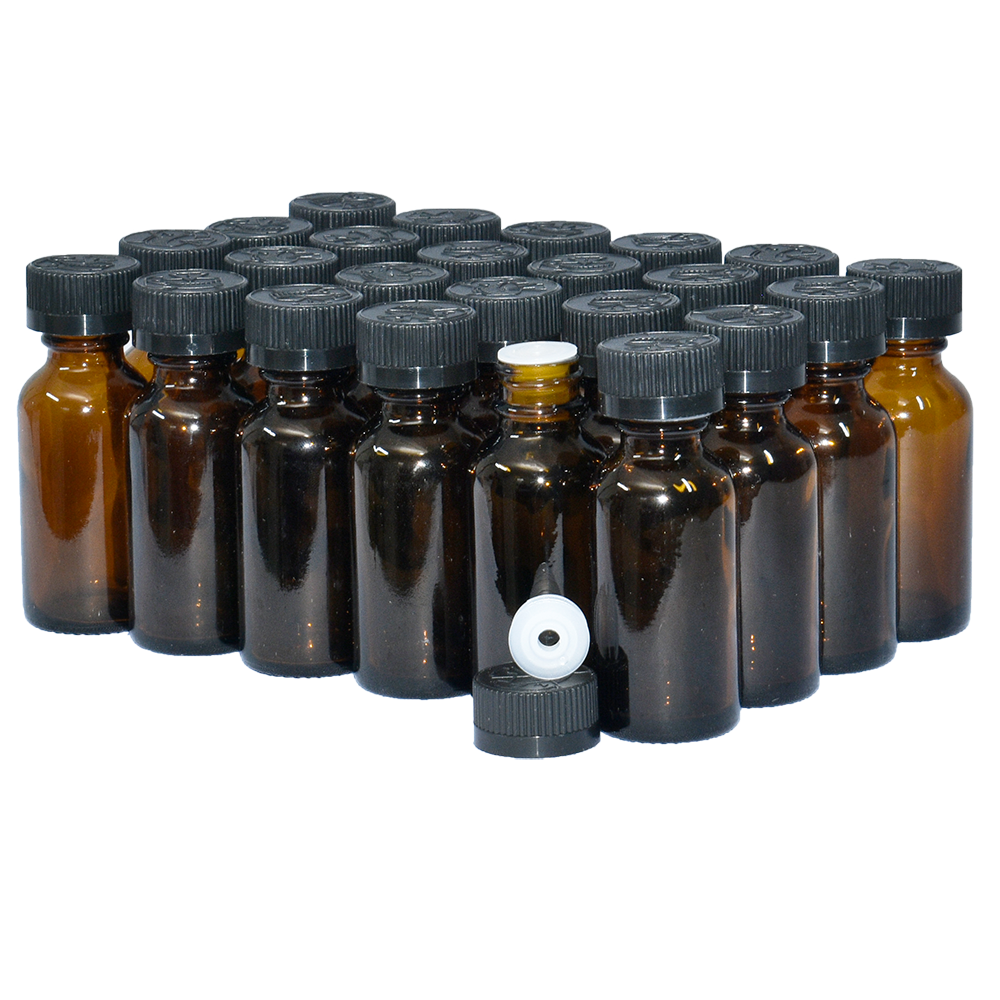 1 oz. Amber Boston Round with Reducer and Black Child-Resistant Cap (20/400) (V5) (V6)