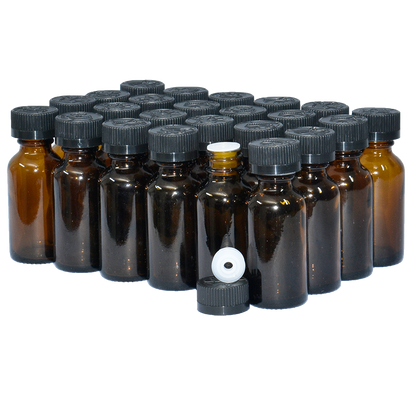 1 oz. Amber Boston Round with Reducer and Black Child-Resistant Cap (20/400) (V5) (V6)