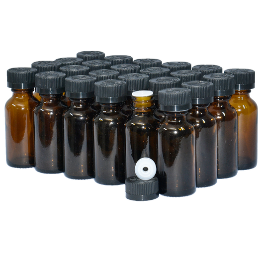 1 oz. Amber Boston Round with Reducer and Black Child-Resistant Cap (20/400) (V5) (V6)