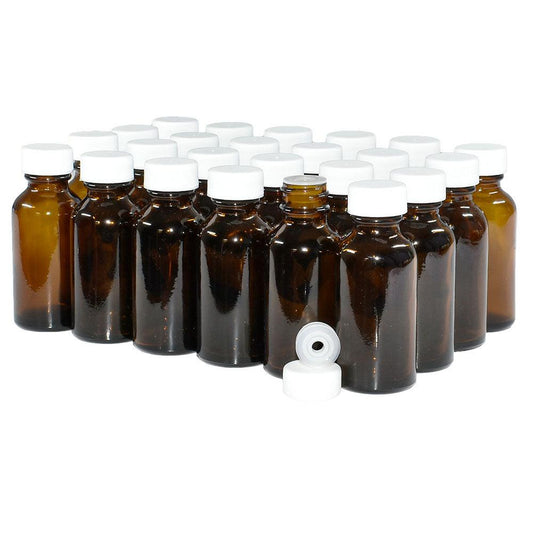 1 oz. Amber Boston Round with Reducer and White Cap (20/400) (V5) (V6)