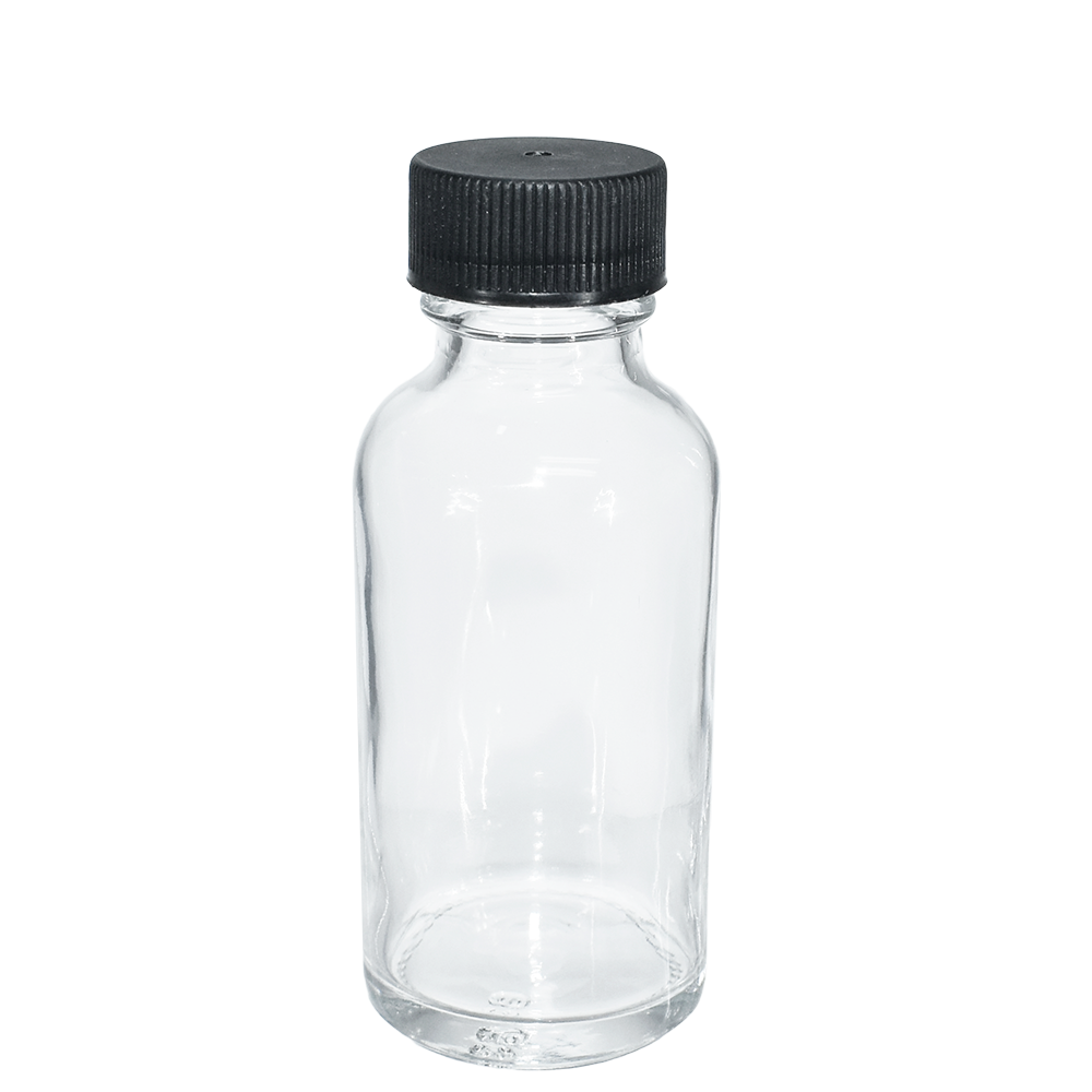1 oz. Clear Boston Round with Reducer and Black Cap (20/400) (V23) (V6)