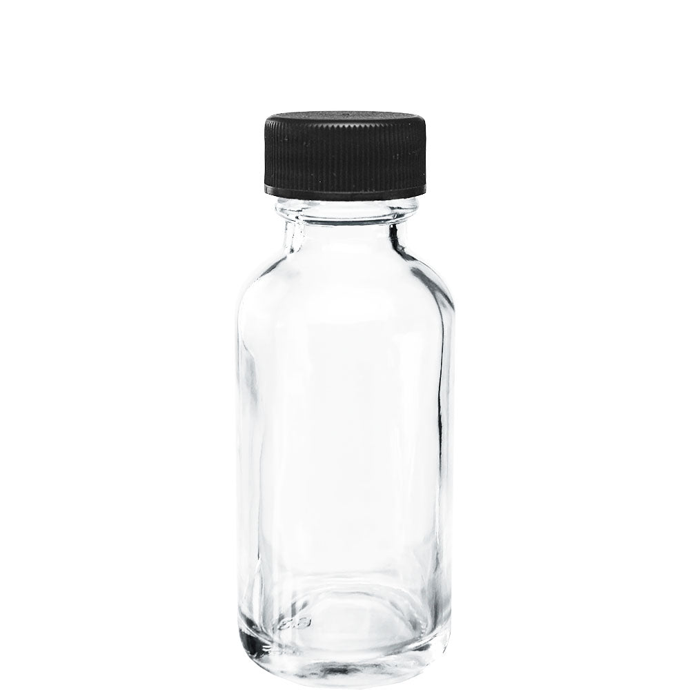 1 oz. Clear Boston Round with Reducer and Black Cap (20/400) (V20) (V6)
