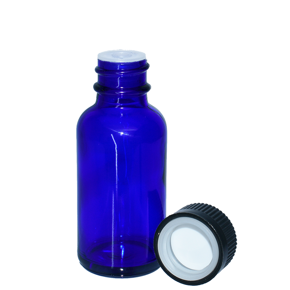 1 oz. Cobalt Blue Boston Round with Reducer and Black Child-Resistant Cap (20/400) (V23) (V6)