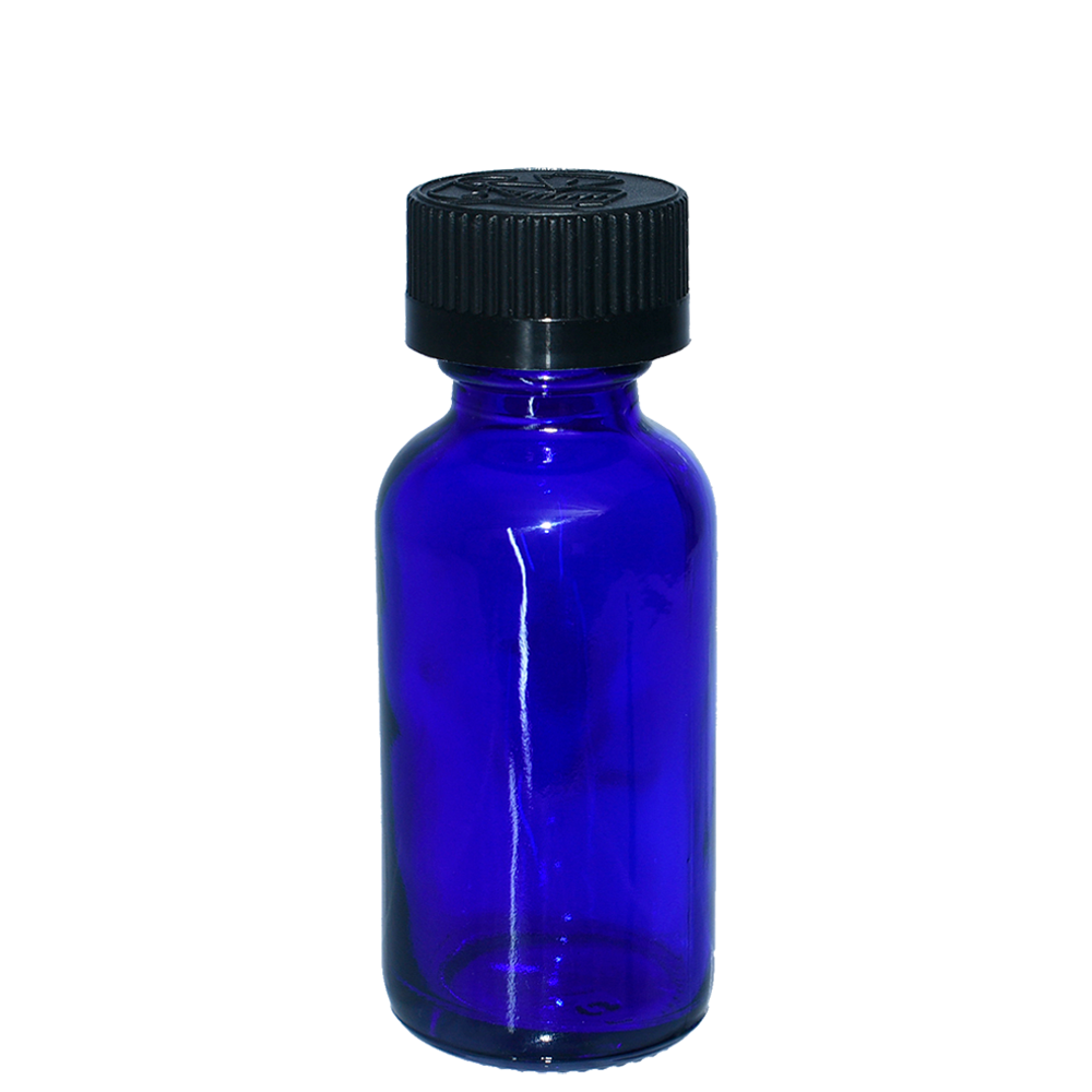 1 oz. Cobalt Blue Boston Round with Reducer and Black Child-Resistant Cap (20/400) (V23) (V6)