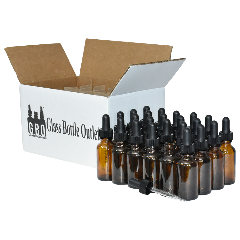 1 oz. Amber Boston Round with Large Bulb Graduated Black Glass Dropper (20/400) (V8) (V15)
