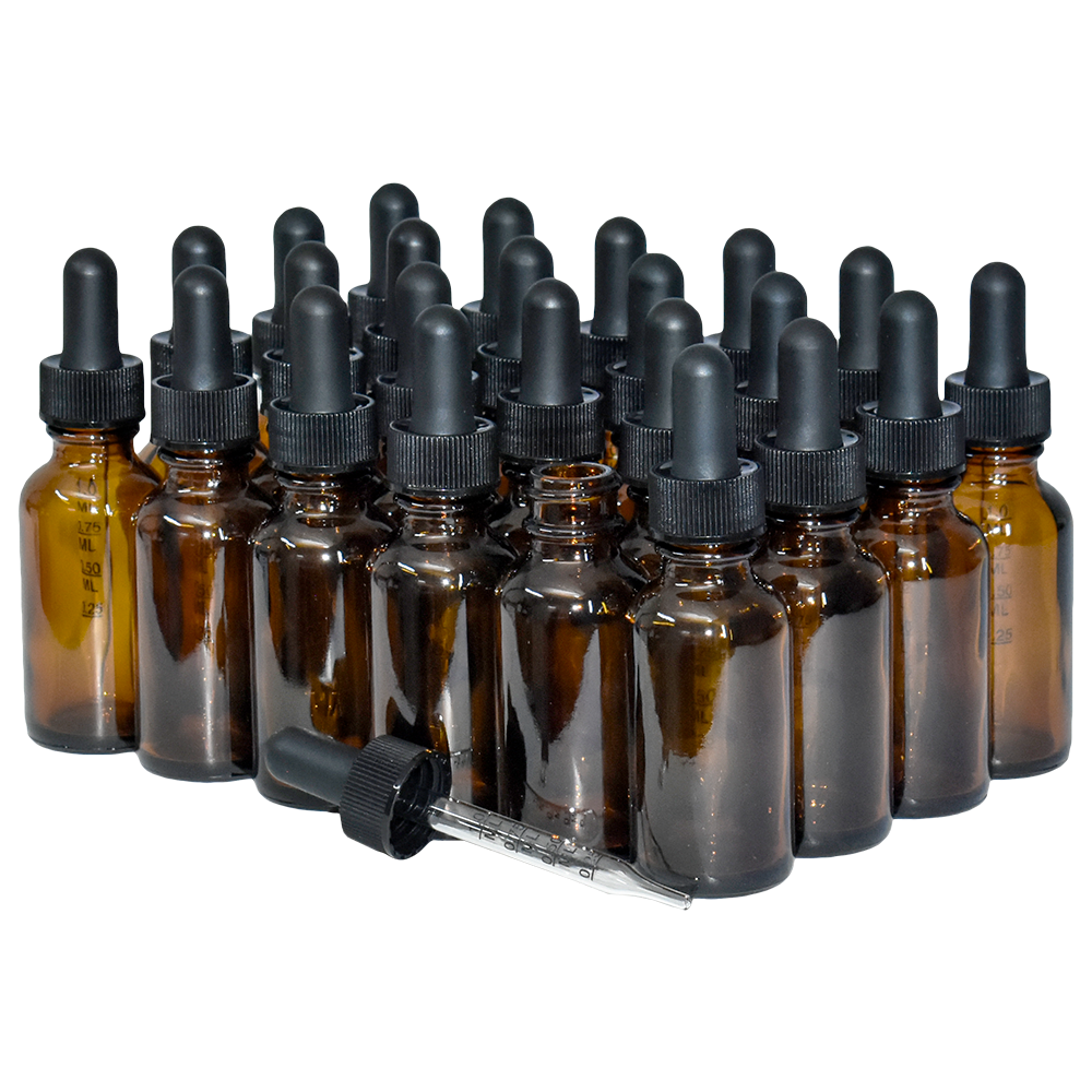 1 oz. Amber Boston Round with Large Bulb Graduated Black Glass Dropper (20/400) (V8) (V15)
