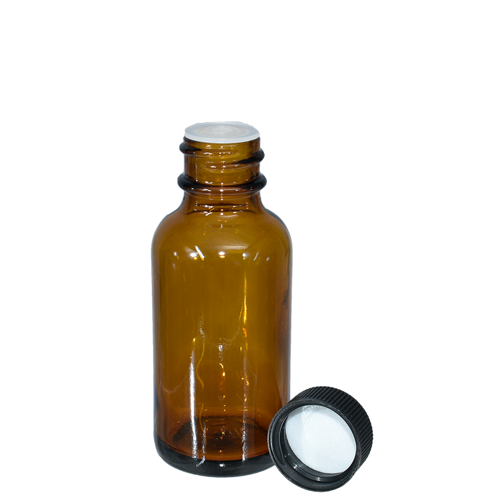 1 oz. Amber Boston Round with Reducer and Black Cap (20/400) (V8) (V6)