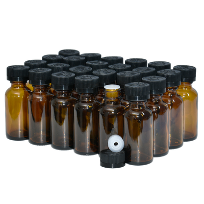 1 oz. Amber Boston Round with Reducer and Black Child-Resistant Cap (20/400) (V8) (V6)