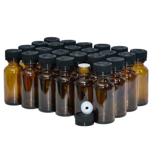 1 oz. Amber Boston Round with Reducer and Black Child-Resistant Cap (20/400) (V8) (V6)