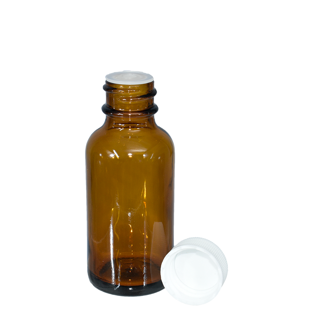 1 oz. Amber Boston Round with Reducer and White Cap (20/400) (V23) (V1)