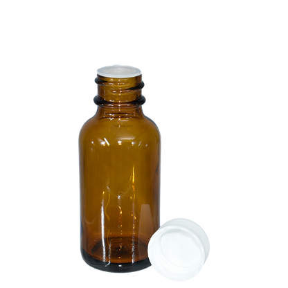 1 oz. Amber Boston Round with Reducer and White Cap (20/400) (V23) (V1)