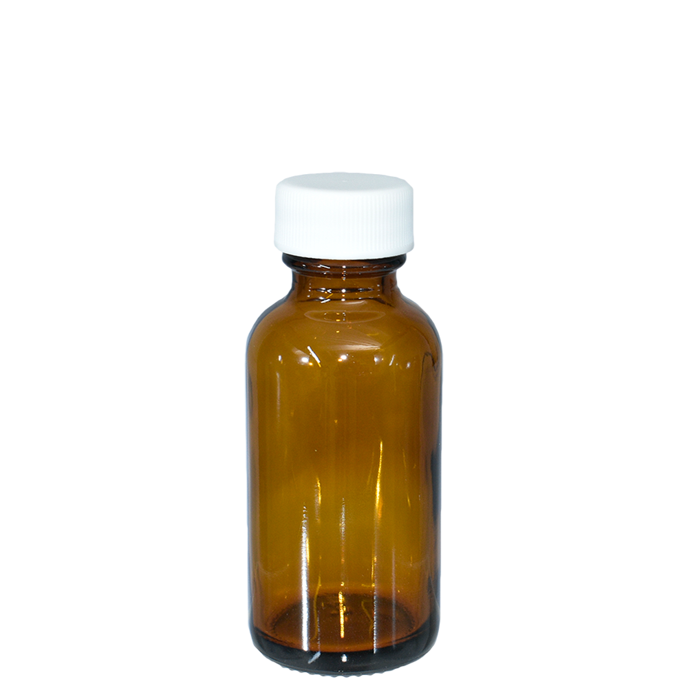 1 oz. Amber Boston Round with Reducer and White Cap (20/400) (V23) (V1)
