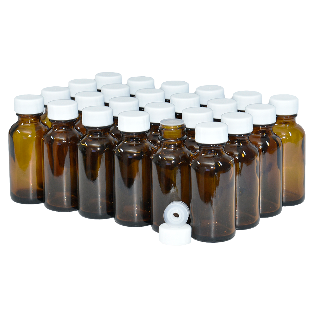 1 oz. Amber Boston Round with Reducer and White Cap (20/400) (V8) (V1)