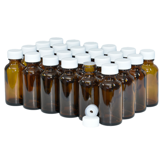 1 oz. Amber Boston Round with Reducer and White Cap (20/400) (V8) (V1)
