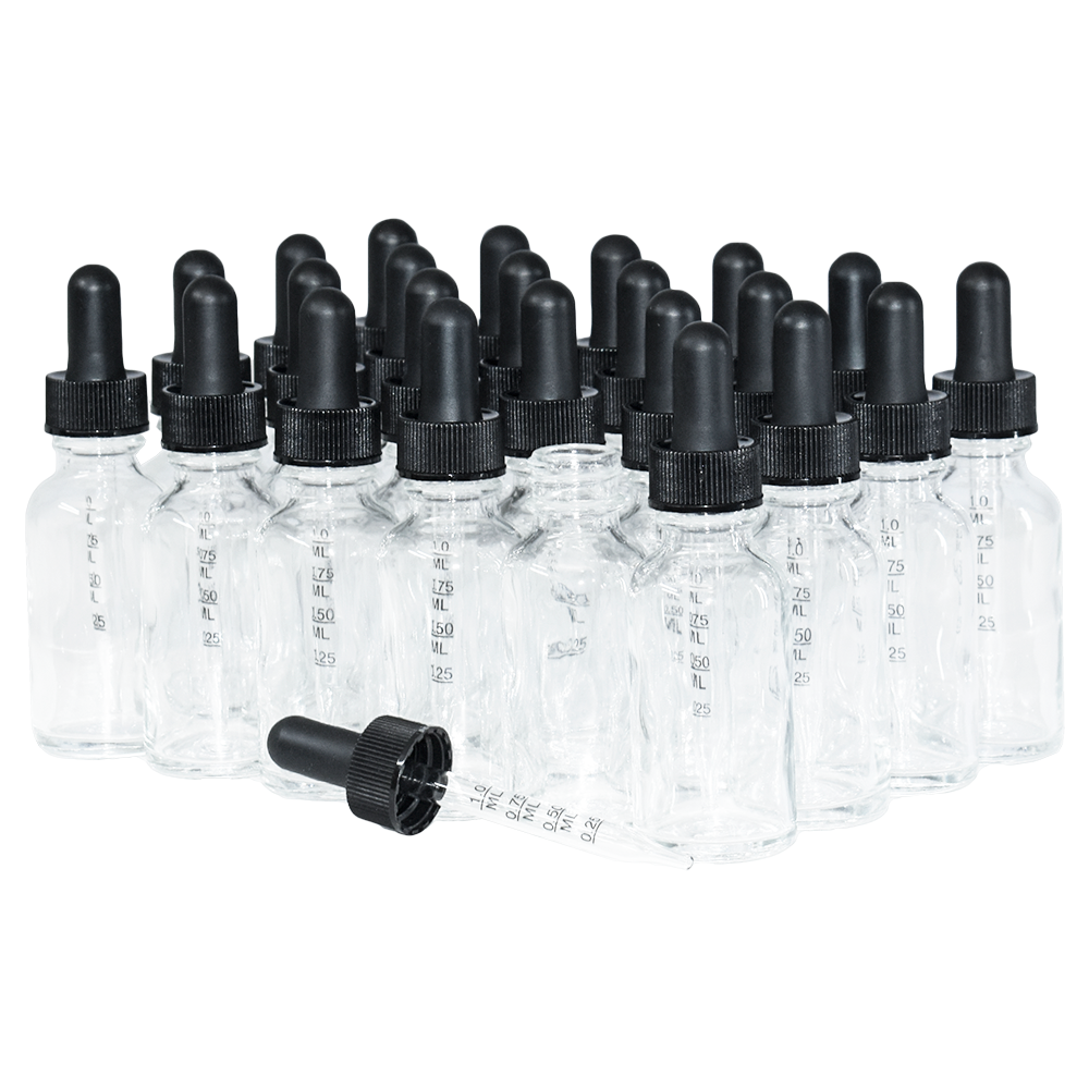 1 oz. Clear Boston Round with Large Bulb Graduated Black Glass Dropper (20/400) (V23) (V15)