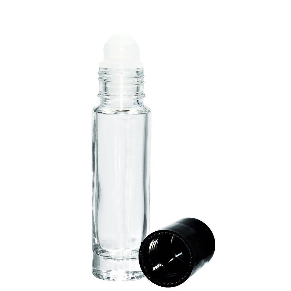 1/3 oz. (10 ml) Clear Glass Roll-on Bottle with Black Cap (Plastic Ball) (V1)