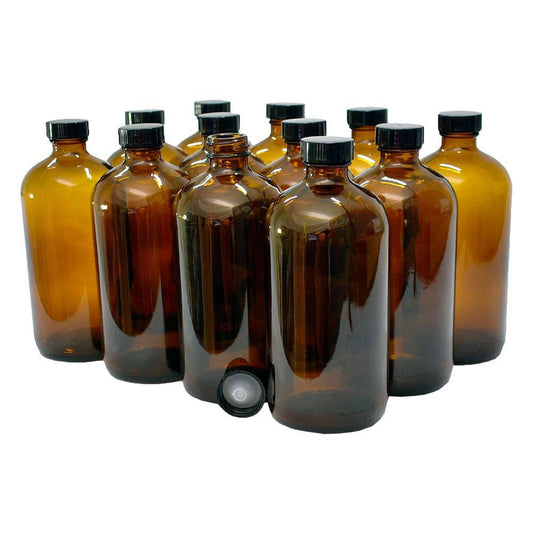 16 oz. Amber Boston Round with Black Poly Cone Cap (28/400) (V5) (V5)