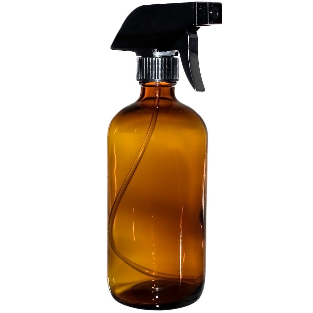16 oz. Amber Boston Round with Black Poly Cone Caps and Black Trigger Sprayers (28/400) (V5) (V5) (V13)