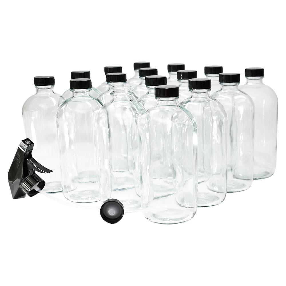 16 oz. Clear Boston Round with Black Poly Cone Cap and Black Trigger Sprayer (28/400) (V4) (V5) (V13)