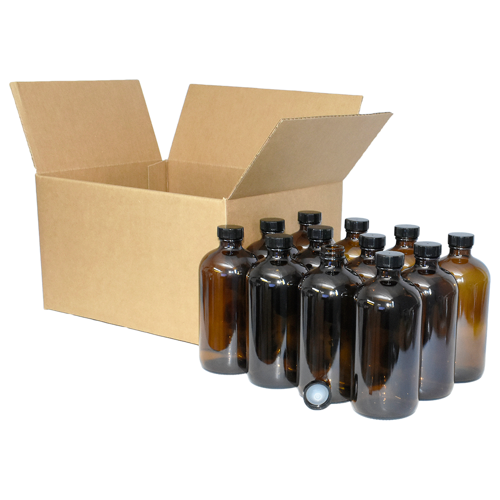 16 oz. Amber Boston Round with Black Poly Cone Cap (28/400) (V23) (V5)