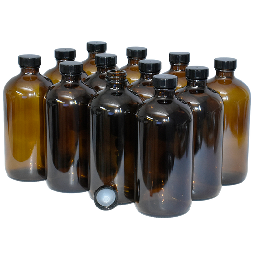 16 oz. Amber Boston Round with Black Poly Cone Cap (28/400) (V23) (V5)