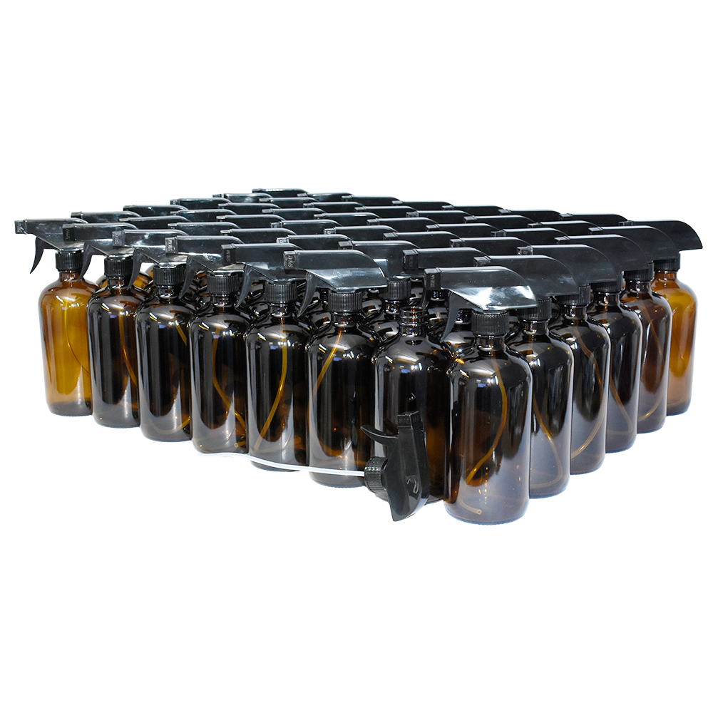 16 oz. Amber Boston Round with Black Trigger Sprayer (28/400) (V23) (V13)